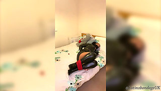 Latina in Leather Boots and Full Leather Outfit Tied Tight and Wrap Gagged