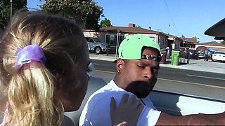 Chloe Cherry takes a rides in new boyfriend's red car. Then Chloe climbs on top of Rico Strong's monster big black cock.
