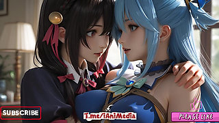 Sfw Aqua and Yunyun From Konosuba Soft Show Touching and Kissing Lesbian
