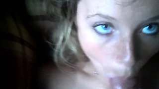 Sexy blonde milf blows a cock and swallows its juices in POV