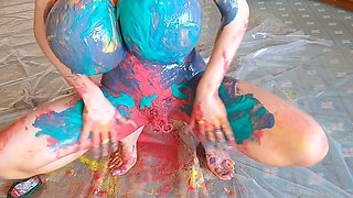 Beautiful Brunette Big Boobs Rides Fake Cock