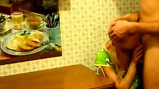 Blonde Girl's Kitchen Table Blowjob and Hardcore Fuck