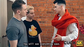 Cuck4k. Double Penetration threesome with hot russian dark haired and two strangers