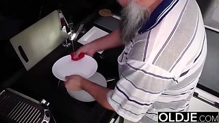 Asian teen with big natural tits takes grandpa's dick deep in her pussy and mouth