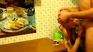 Blonde Girl's Kitchen Table Blowjob and Hardcore Fuck