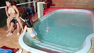 Caught in the Act! Two Brunettes Caught Masturbating in the Condos Pool