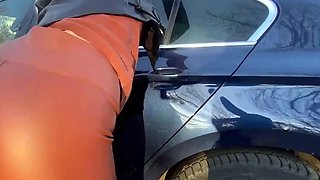 Public Anal Ends with a Cumshot on Her Leather Ass