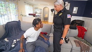 MILF cop fucks with black thug in ways that make her come