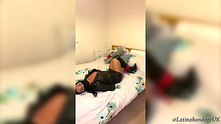 Latina in Leather Boots and Full Leather Outfit Tied Tight and Wrap Gagged (smaller Size)