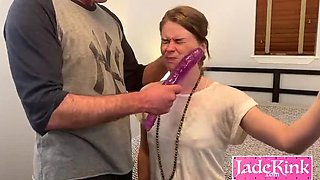 Submissive Girlfriend Rough Deep Throat With Huge Pink Dildo Gagged And Fucked
