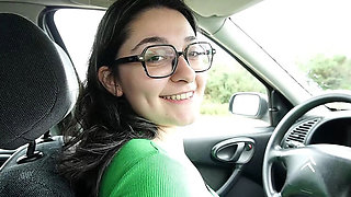 Car Blowjob in Public - Spanish Amateur with Glasses Swallows Cum