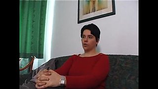 Chubby hairy brunette rubs her wet cunt during casting