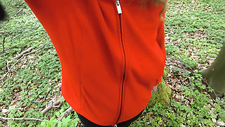 beating her tits in the woods