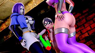 Futa Raven and Starfire take turns plowing Robin’s ass