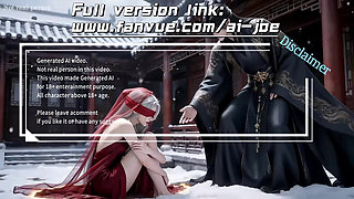 A Chinese classical beauty with skin as white as snow, dressed in red and with white hair. Blowjob, first episode, AI-generated