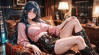 Blue-Haired Golden-Eyed Goddess in Pink Satin Blouse Black Shiny Mini Skirt Thigh-High Boots
