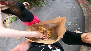 Double public handjob in the bag of chips... Im jerking it off!