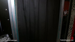 Brunette gets anal gang bang in public