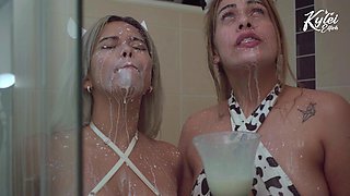 Beautiful Porn Superstars Kylie Ellish and Ann Rides Drink a Shower of Cum and Take a Bath with It.