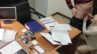 Hot office secretary sucks and rides her boss on the desk