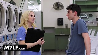 Blond step mummy & step daughter take turns fucking teenie hard stud - mylf