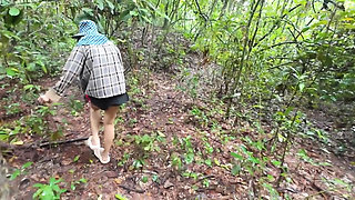Thai girls walking and talking and picking mushrooms in the forest, secretly showing in the deep forest Clear Thai voice