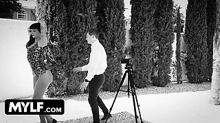 Mylfwood - beautiful cougar takes off her leopard print leotard and gives her camera operator all he wants