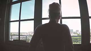 Hot Blonde Babe in Black Nylons Masturbates Solo