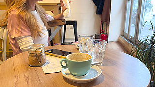 Extremely sexy white sheer blouse exposing my big hard pierced nipples in a coffee shop