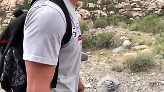 Hot blonde with big natural tits rides motorcycle then gets fucked and sucks big cock outdoors