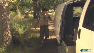 While In Nature The Blonde Spreads Her Cheeks And Takes His Big Cock In Missionary