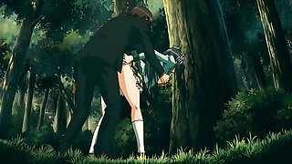 Busty anime brunette enjoys wild outdoor pleasure in the forest