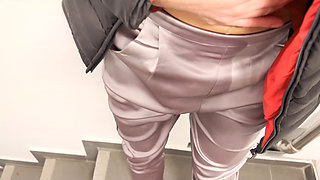 I piss 2 times in my satin outfit with pantyhose and highheels outdoor