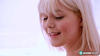 Sabrina Snow, 19, looks like a cartoon princess with white hair cut with bangs, firm tits and a soaking wet slit.