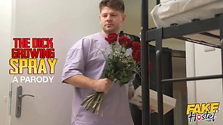 Fake hostel - micro sausage man increases in size 8 inches with knob growing spraying and gets into a threesome with blonda and dark haired