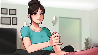 My busty maid gives me a handjob while doing chores, can't believe it