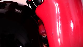 Femdom fucks gimp ass with toy as he wanks cock to cum