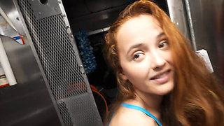 Naughty Redhead Sucks Cock In The Restaurant Kitchen