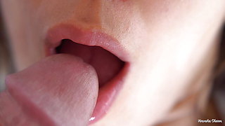 Super Closeup Cum In Mouth, Her Sensual Lips & Tongue Make Him Cum