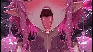 Pink Anime Girl Elf in Pink Combat Suit, Gets Rubbed by Hoses