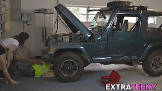 Car mechanic with huge boner gets to fuck a hot small beauty