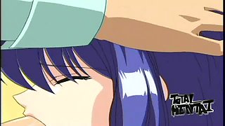 Beautiful blue haired girl in uniform tries to do her best during blowjob