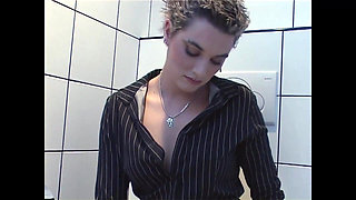 Hot Amateur MILF with Big Nipples Masturbates Her Pussy with Dildo in the Public Toilet
