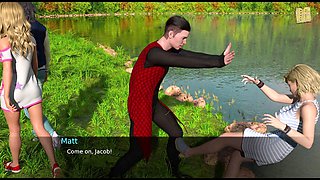 Swimsuit babe with big boobs playing through a hot game