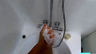 Big-Ass Black Teen's Solo Shower Footjob on Webcam