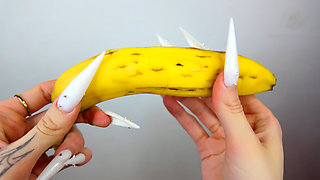 Long White Nails Scratching And Destroying Banana Like Dick