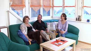 Mature granny ignites wild passion on lush green sofa