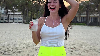Getting Wet and Messy in See-through Top Outdoor