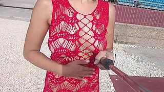Polish girl flashes huge natural tits and pussy in lace dress outdoor public