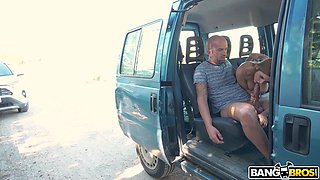 Busty Alice Fantasy gets talked into riding a dick outdoors